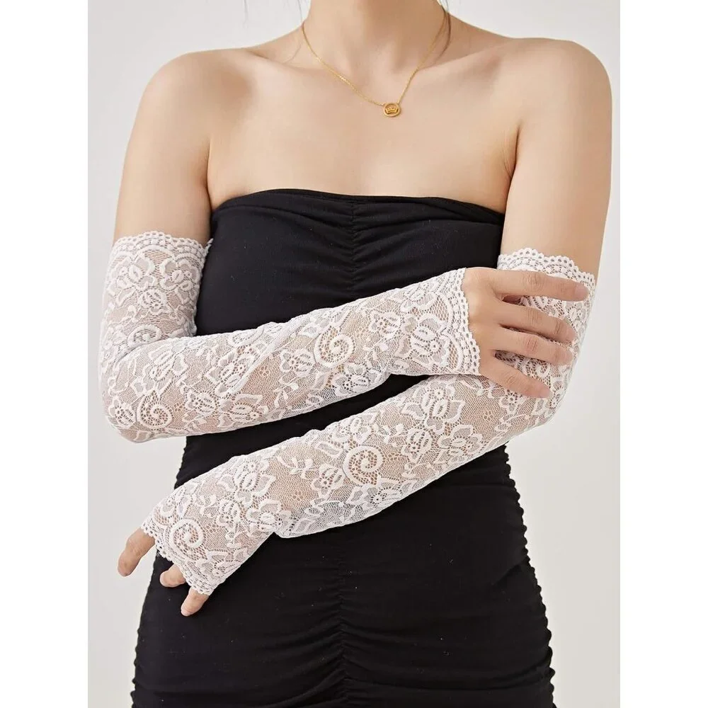 Women's 3 Pairs Black White Pink Long Sleeves Arm Covers Lace Gloves Fingerless